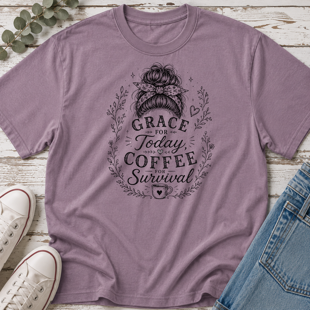 Grace for Today, Coffee for Survival Messy Bun Tee