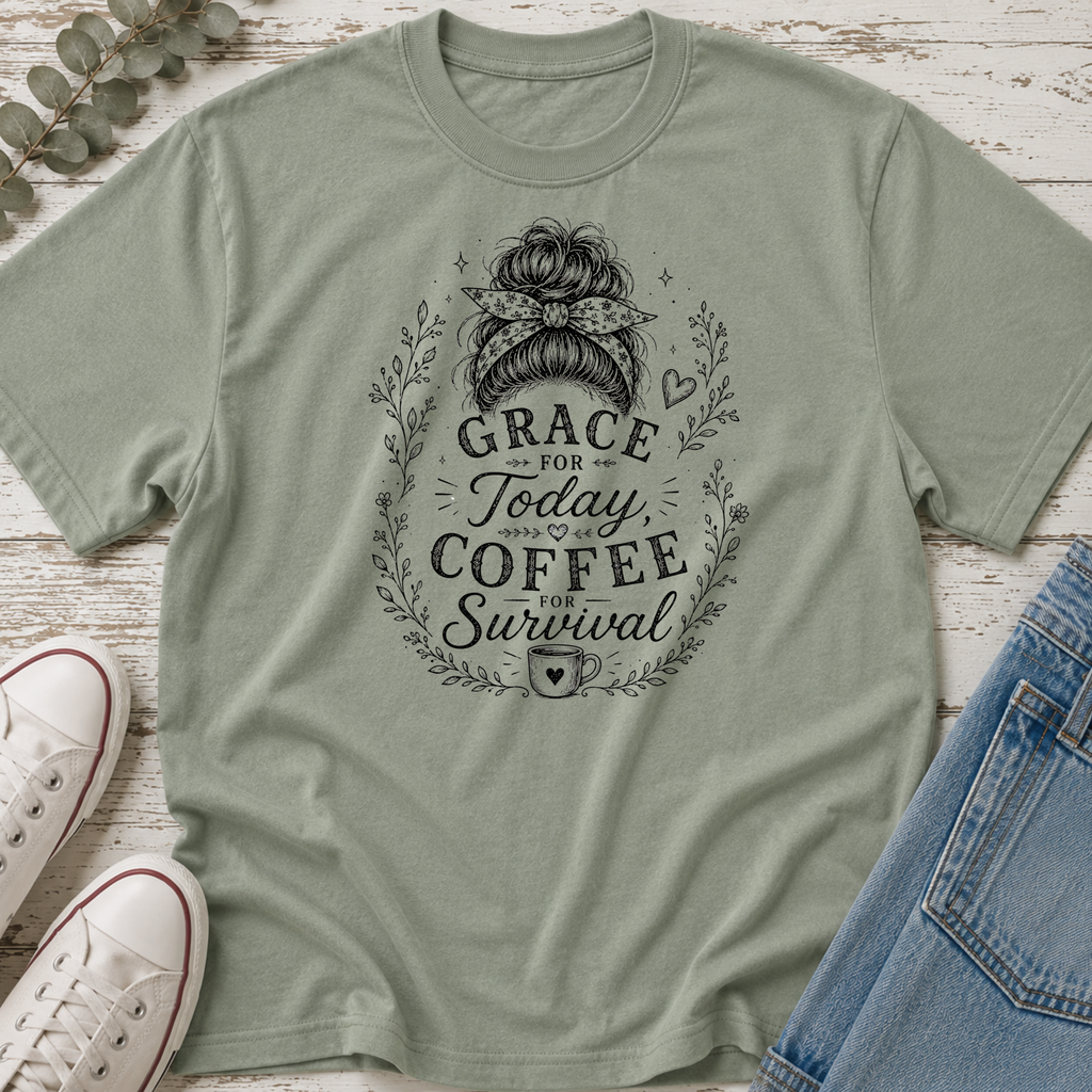 Grace for Today, Coffee for Survival Messy Bun Tee