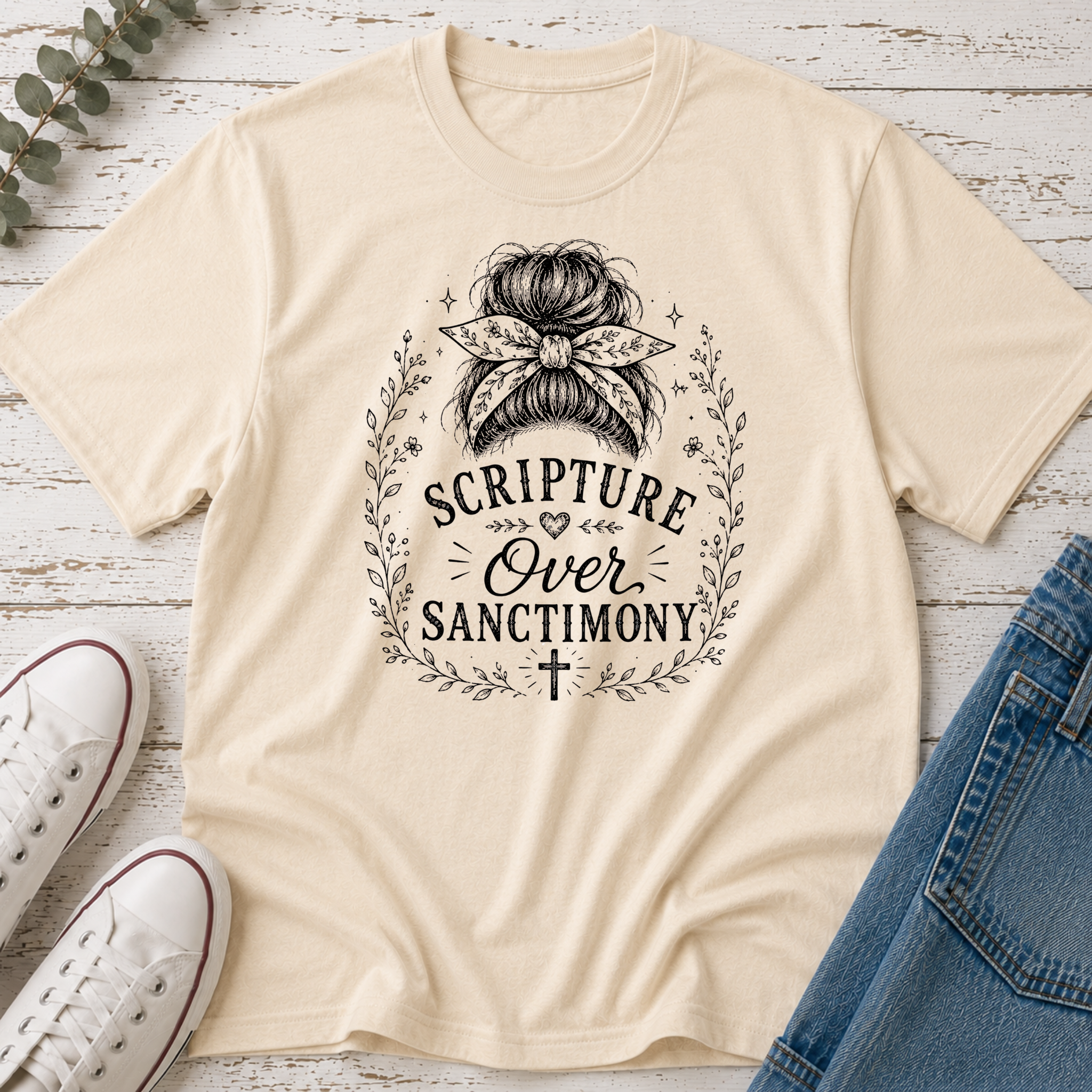 Scripture Over Sanctimony Messy Bun Tee